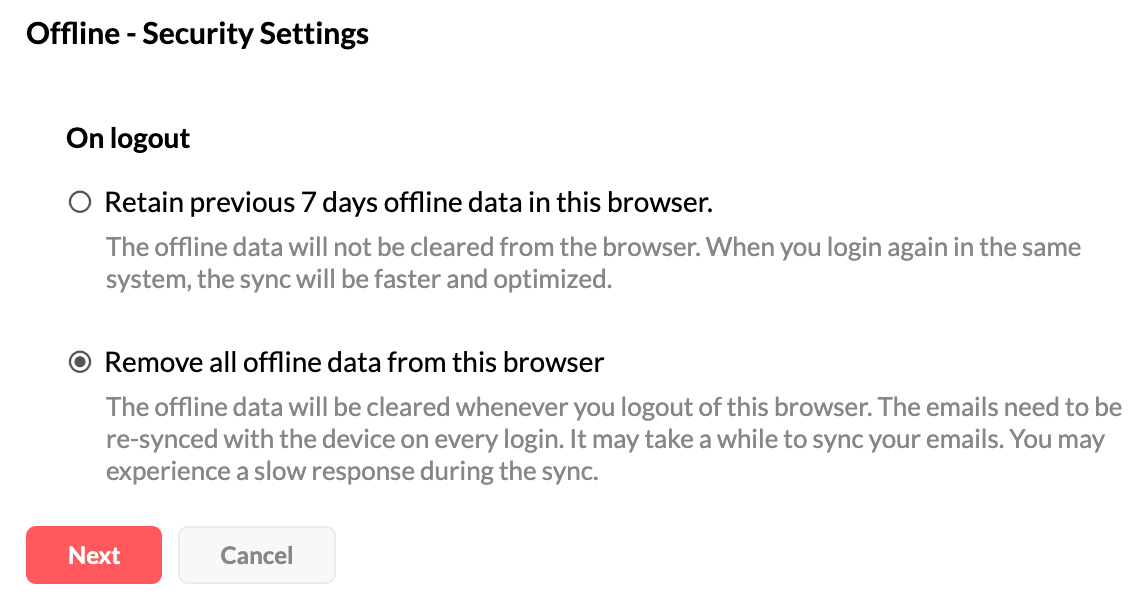 Security settings for offline email mode