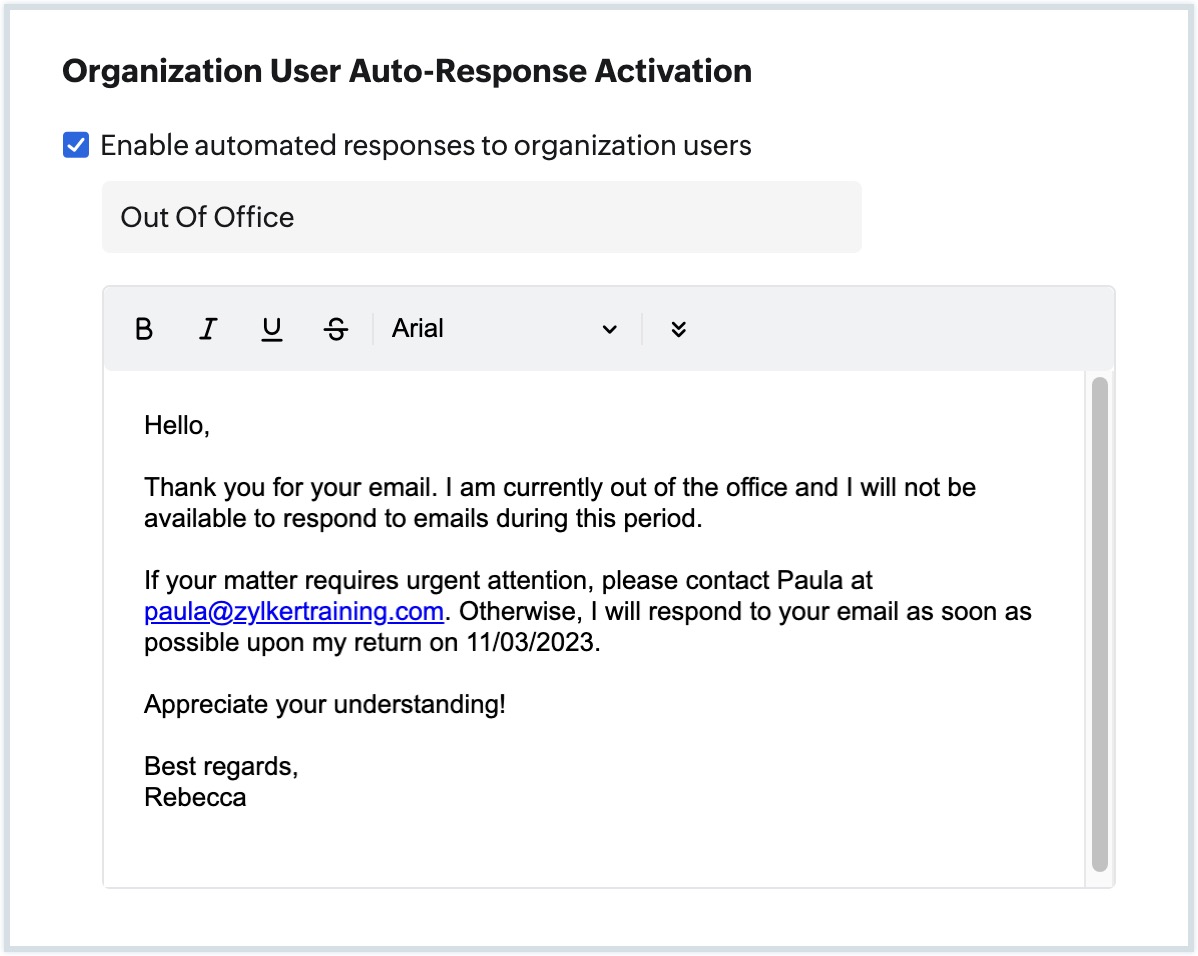 Out of office message configuration Zoho Mail