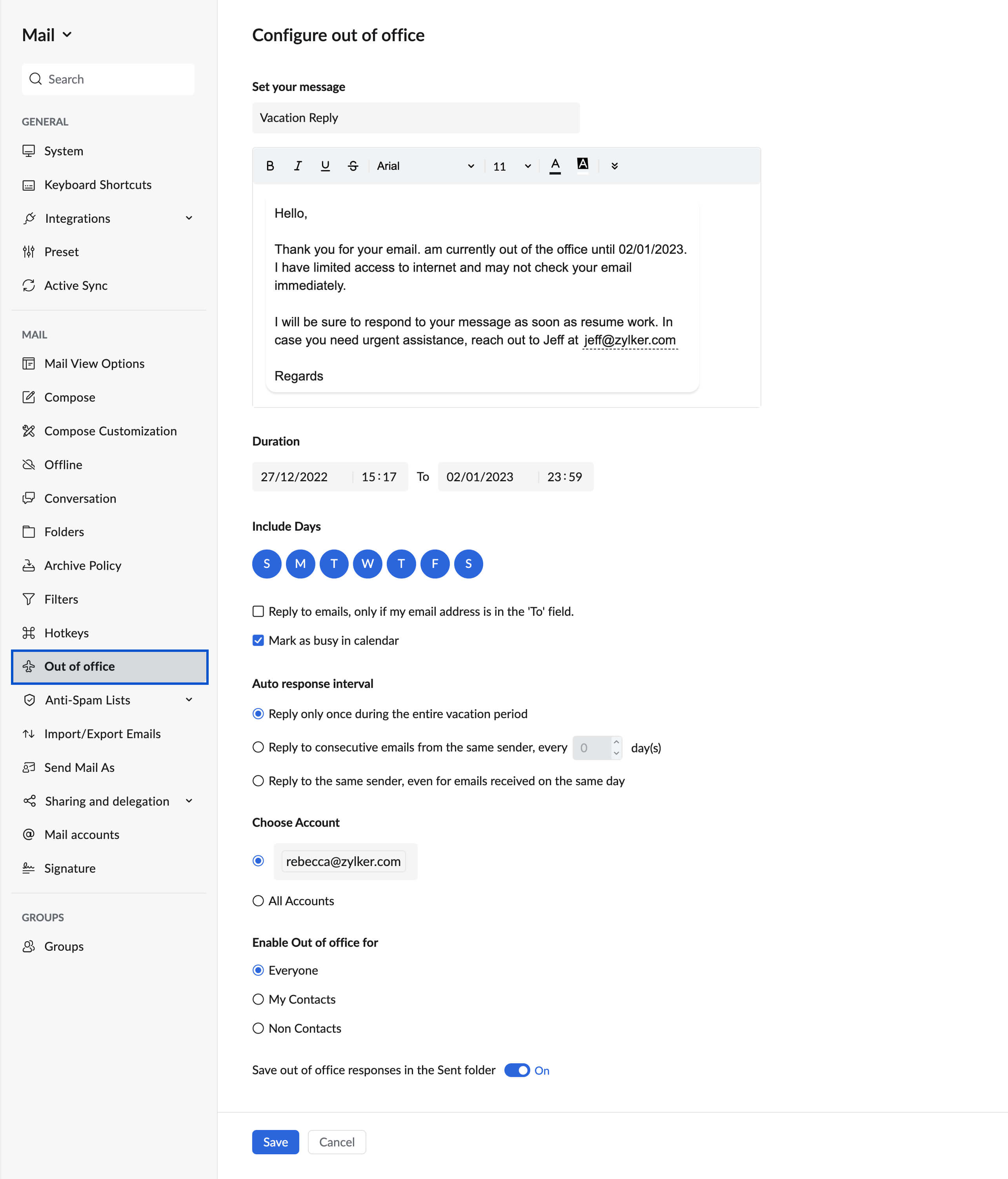 Sending auto-reply out of office message (+examples) - Zoho Mail