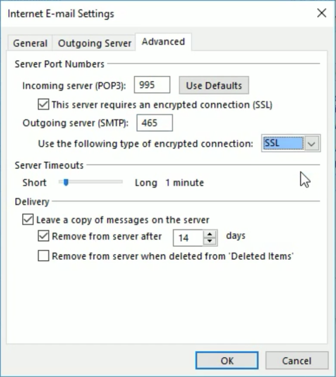 Configuración avanzada POP de Microsoft Outlook