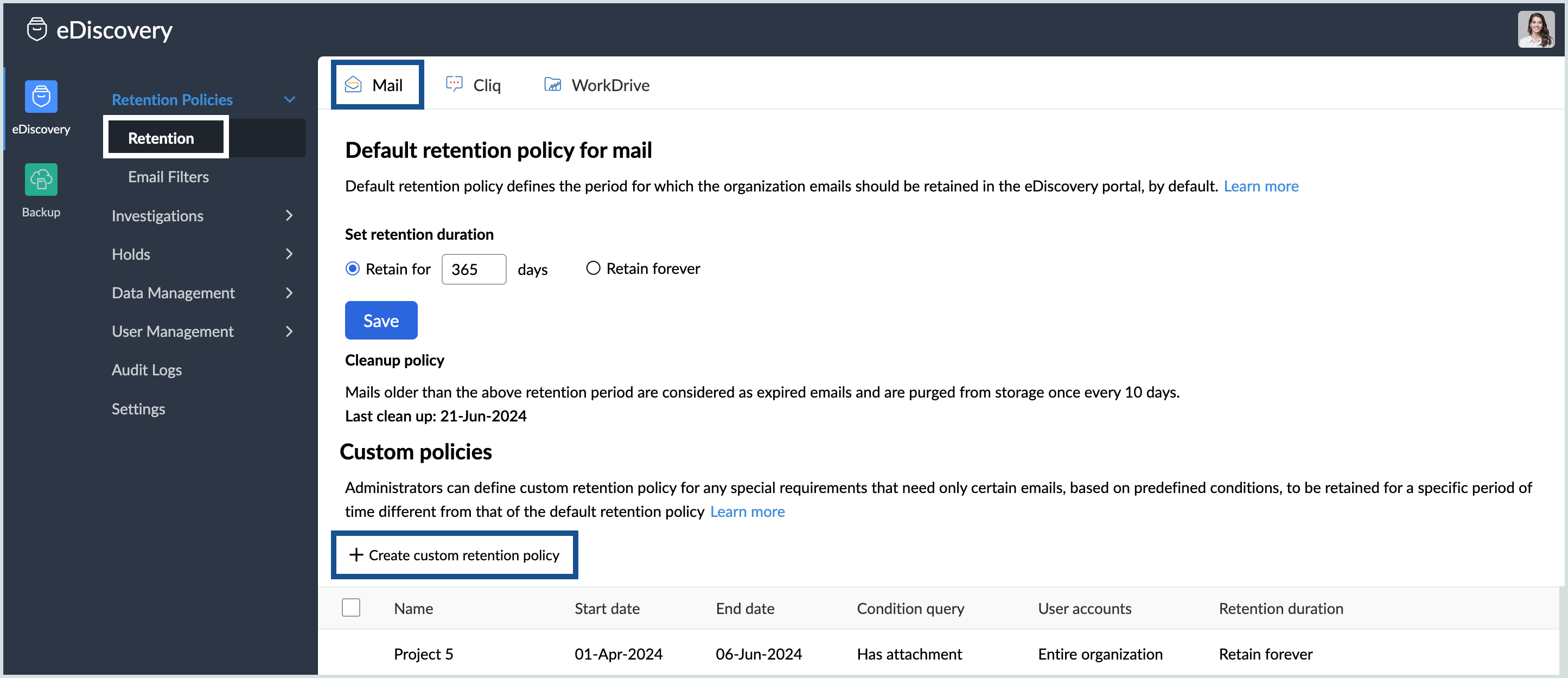 custom retention policy