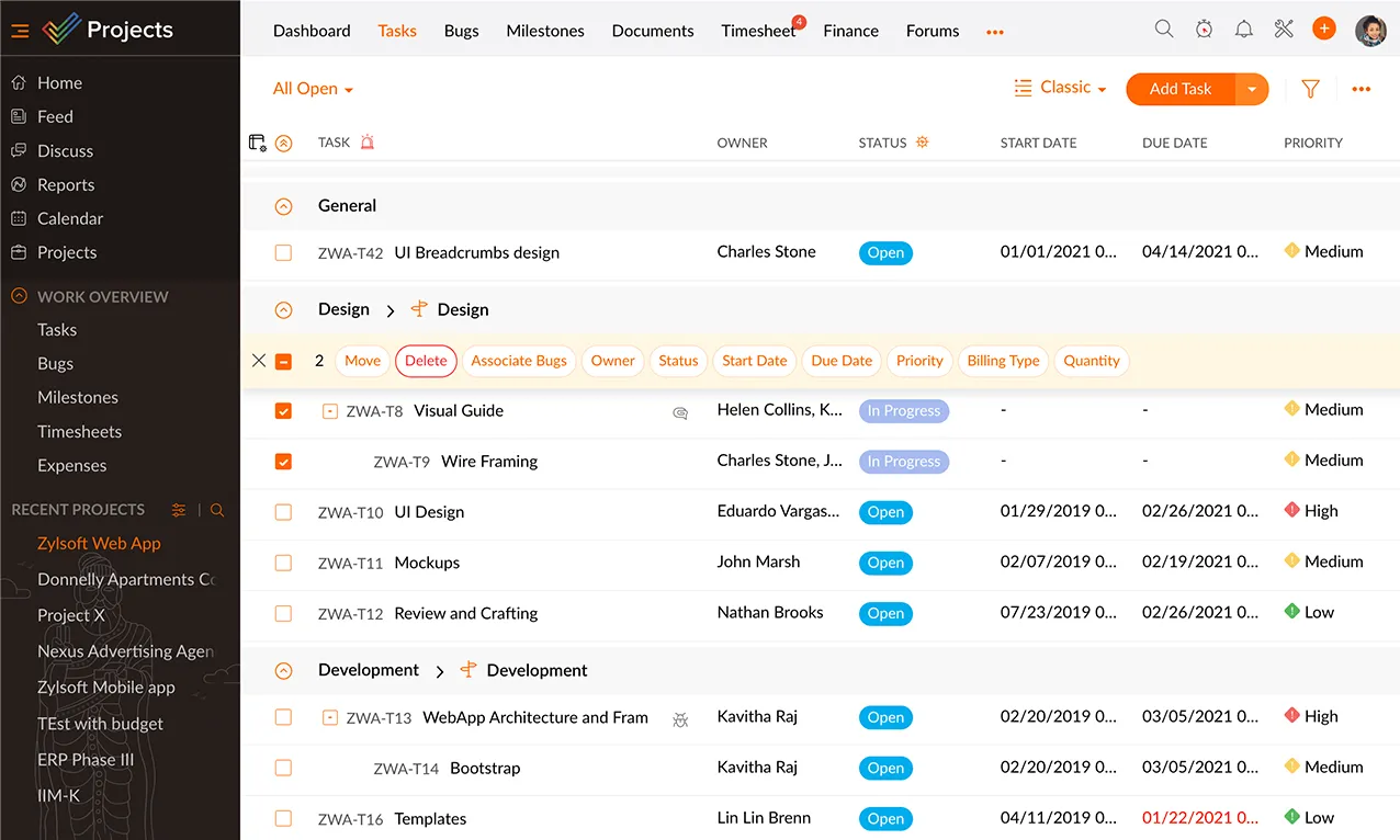 Bulk update tasks using Zoho Projects, our task manager application