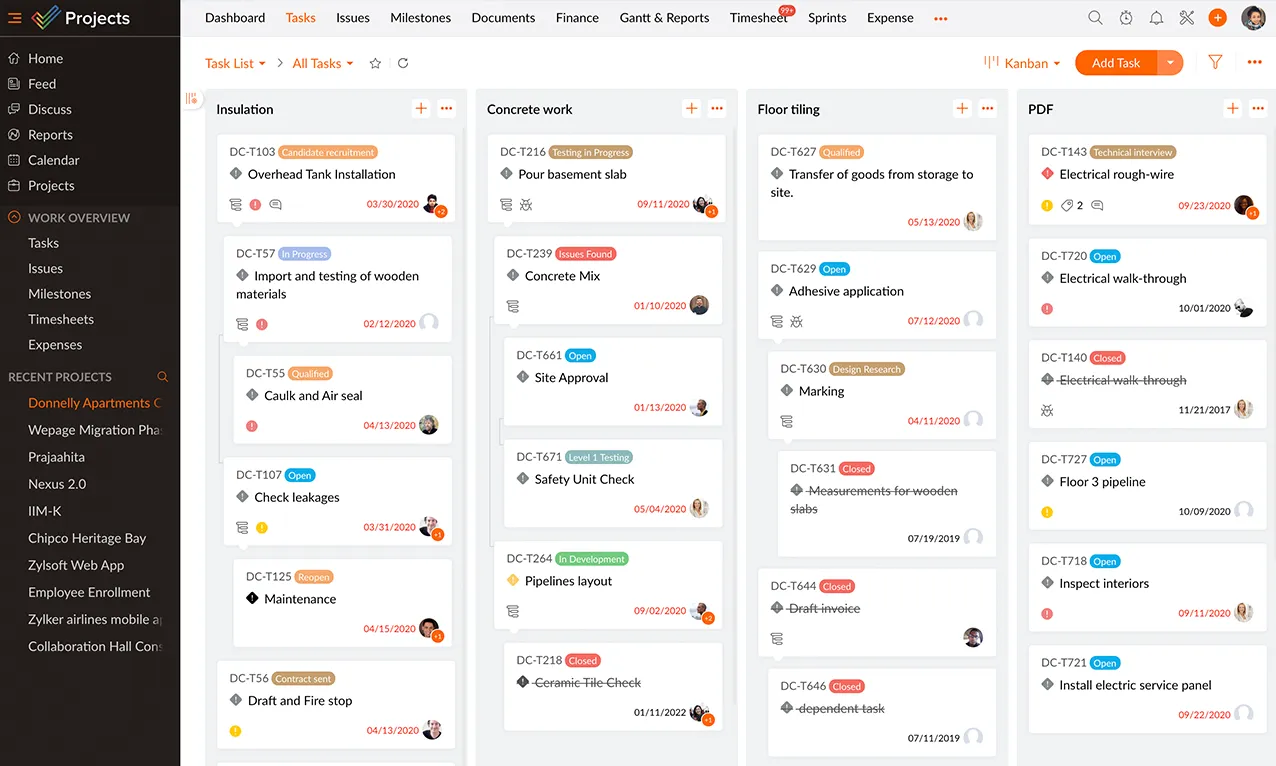 Get a variety of views with Zoho Projects' task management system