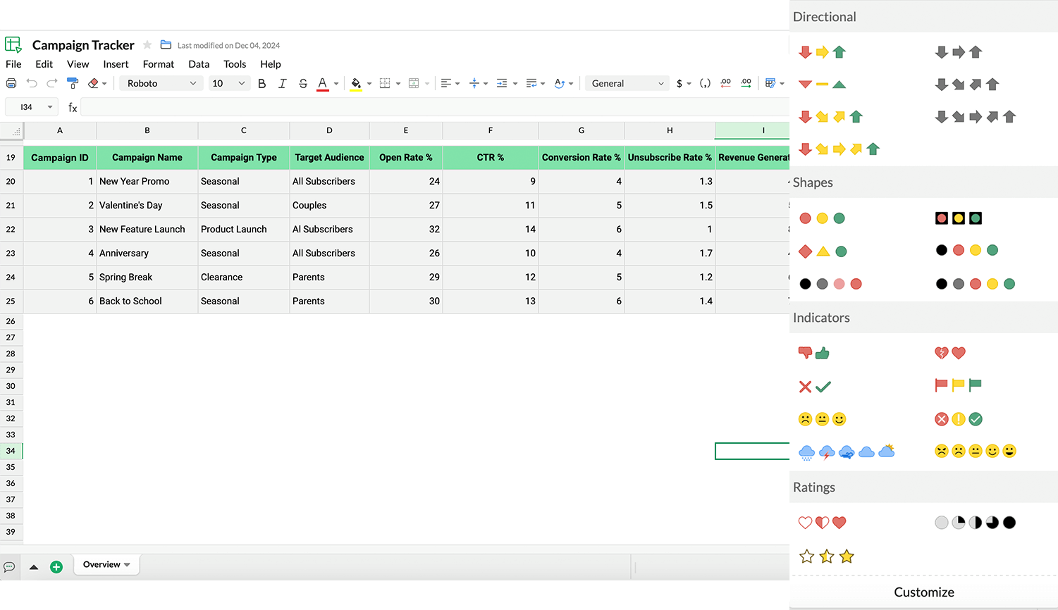 Icon set for Google Sheets, showing a collection of icons used in the spreadsheet interface.