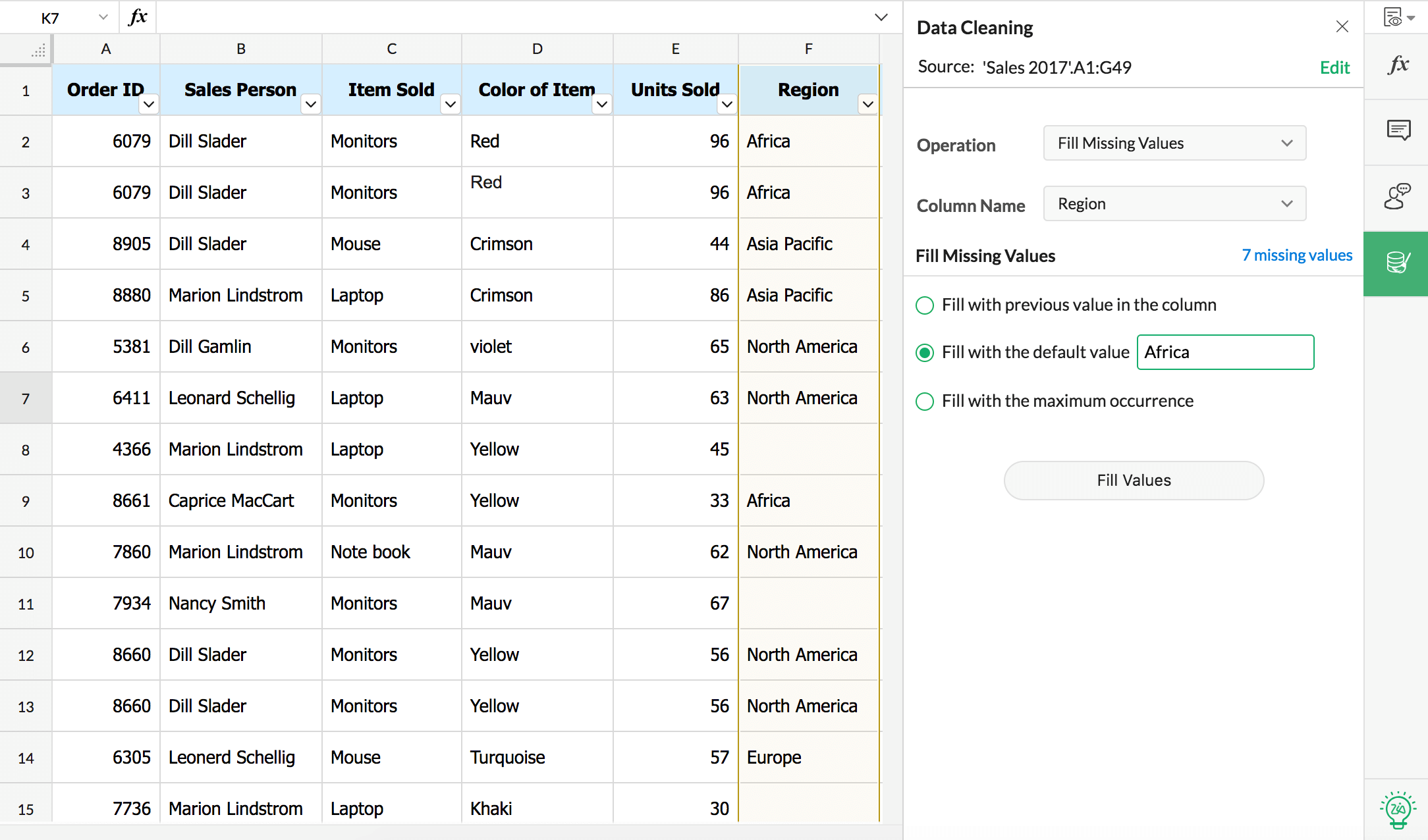 Comparison showing missing values between a spreadsheet and Excel