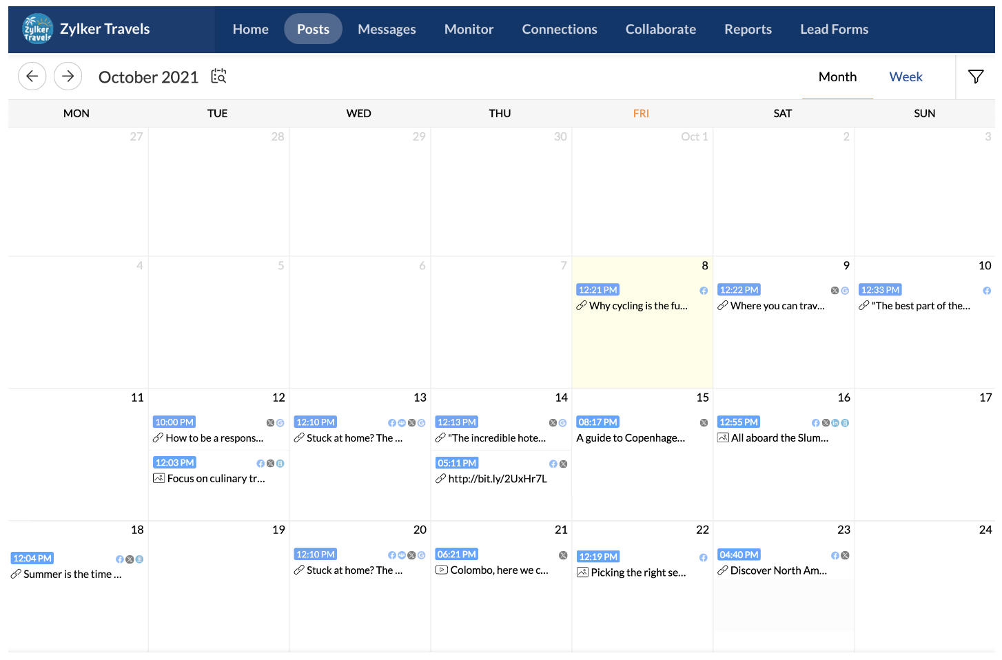 Panel de calendario de contenido