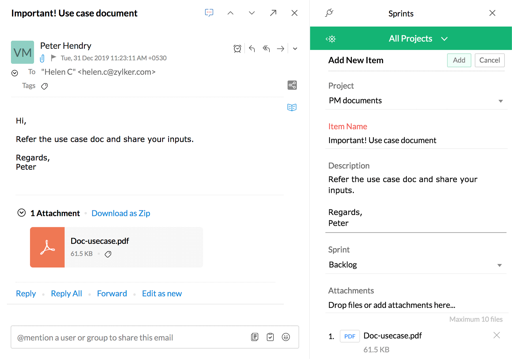 Zoho Sprints + Zoho Mail Integration