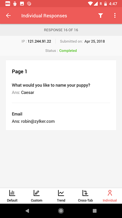 Survey android app individual responses