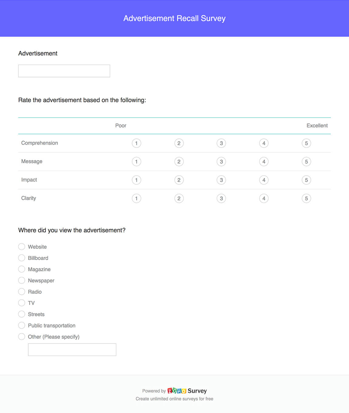 Advertisement recall survey questionnaire template