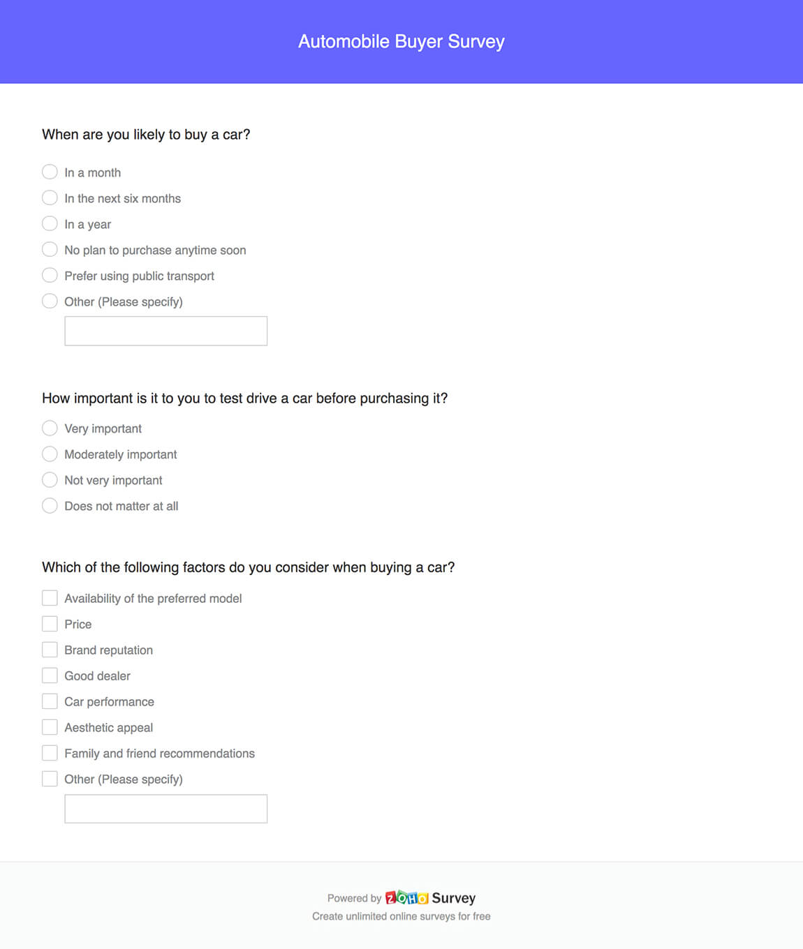 Automobile Buyer Survey Questionnaire & Template Zoho Survey