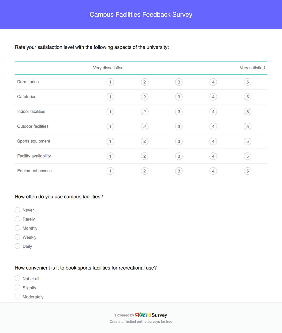 Campus Facilities Feedback Survey Forms| Free Zoho Survey Template