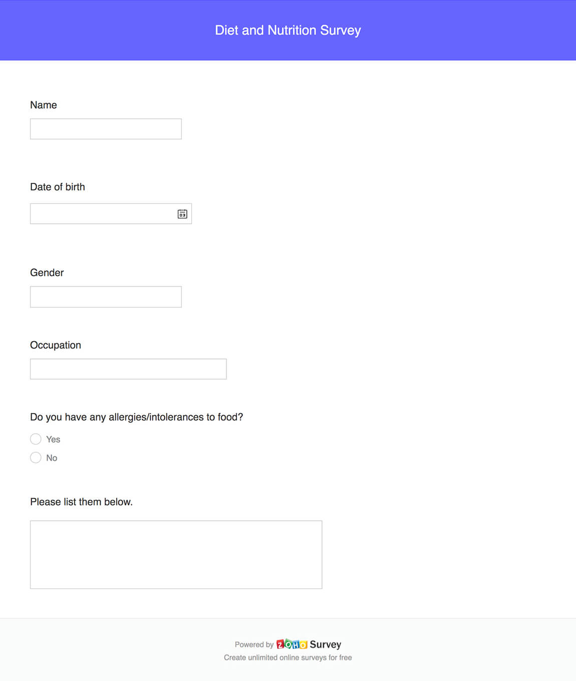 food questionnaire format