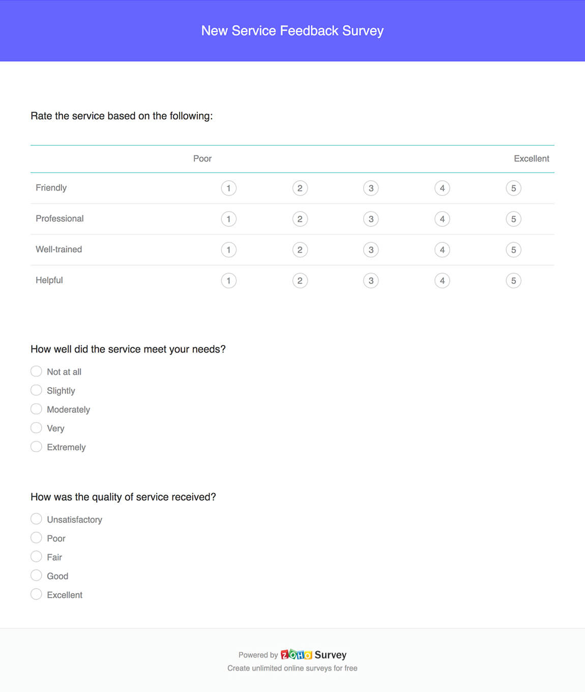 New service feedback survey questionnaire template