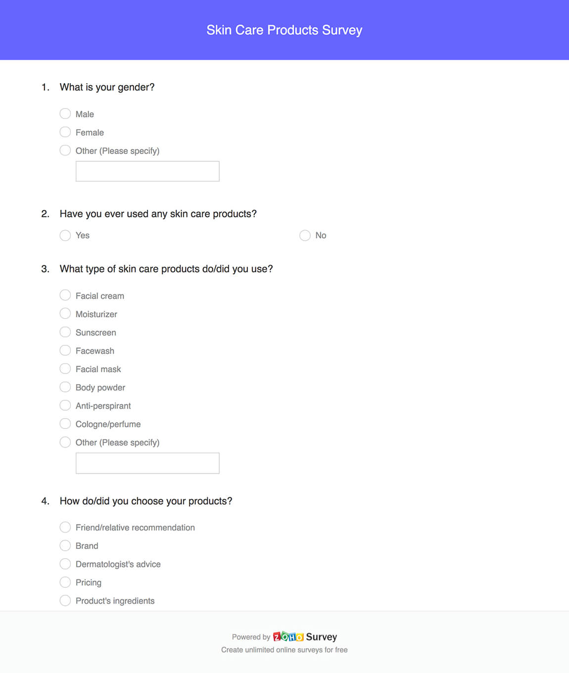 Skin care Products Survey Questionnaire & Template - Zoho Survey