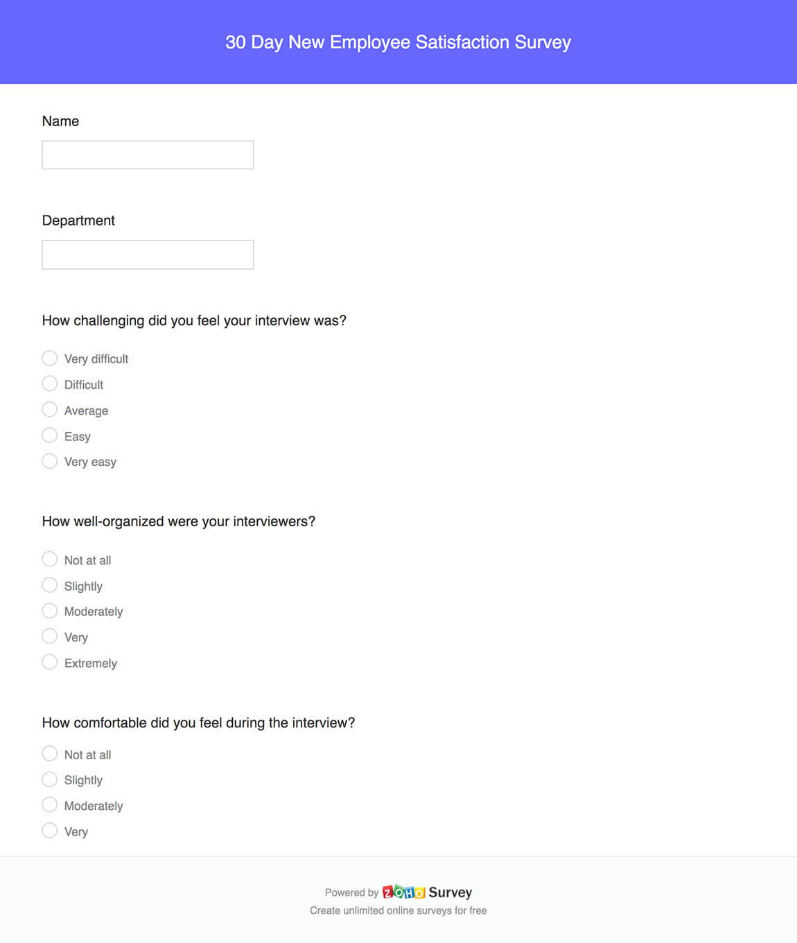 30 Day New Employee Satisfaction Survey Questionnaire & Template - Zoho ...