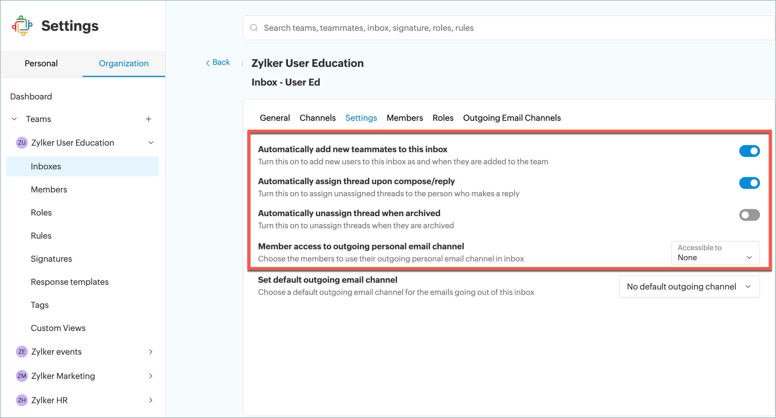 Inbox Settings Zoho Teaminbox