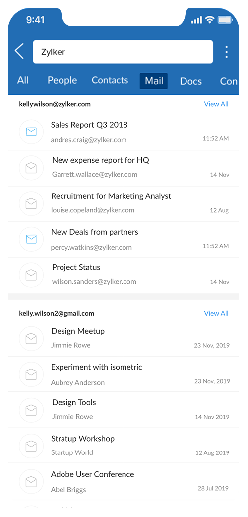 Zia Search: One search for Zoho Mail, CRM, Docs & More | Mobile App